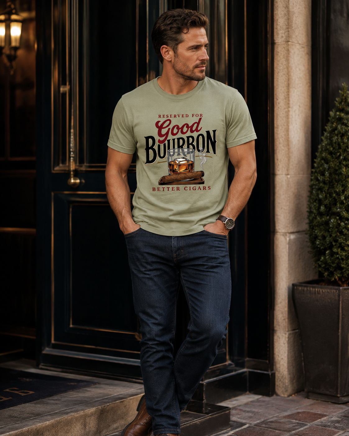 Male model wearing the Good Bourbon Better Cigars men’s statement tee