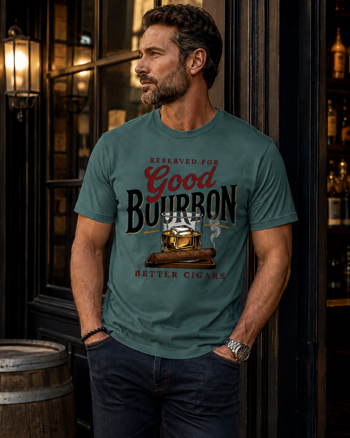 Editorial lifestyle image of the Good Bourbon Better Cigars men’s statement tee