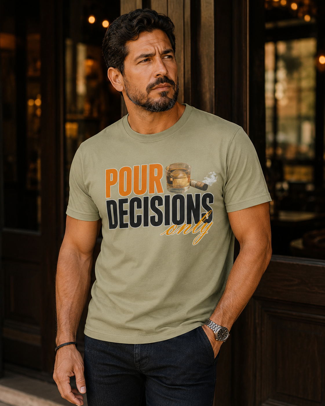 Male model wearing the Pour Decisions Only men’s statement tee