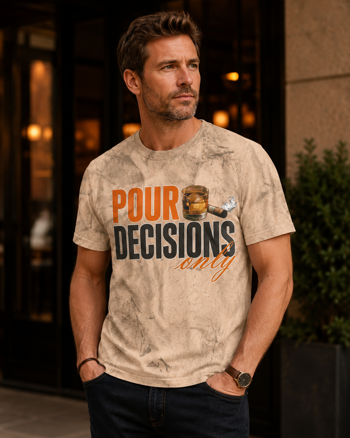 Editorial lifestyle image of the Pour Decisions Only men’s statement tee