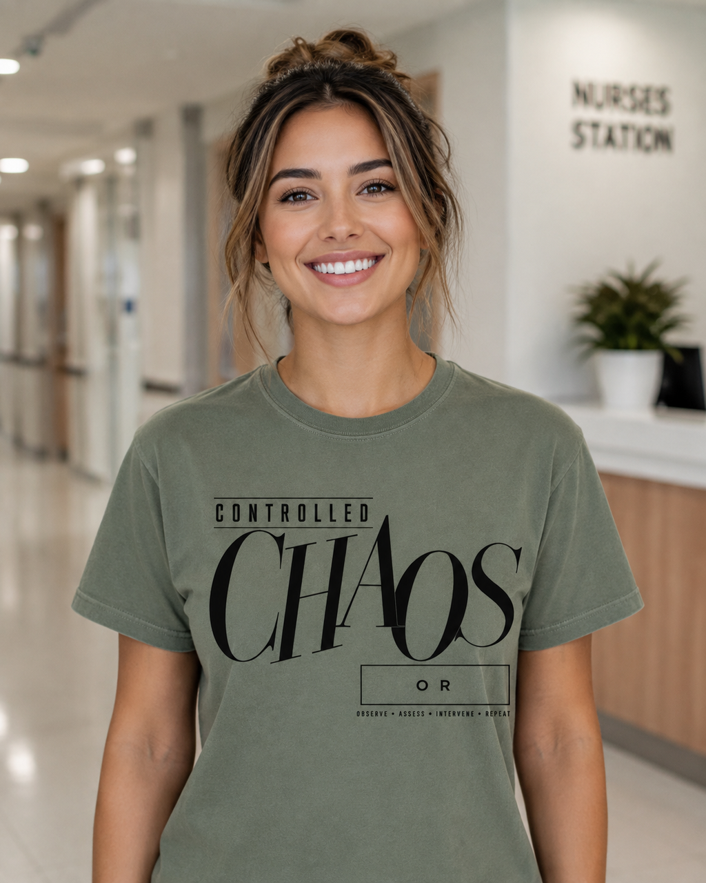 Nurse wearing the Controlled Chaos department tee in Blue Jean