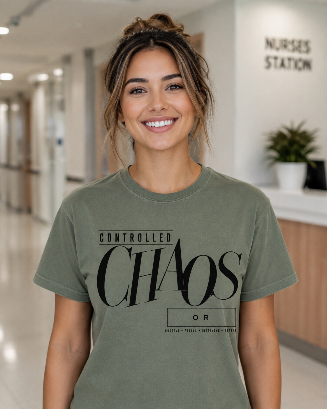 Nurse wearing the Controlled Chaos department tee in Blue Jean