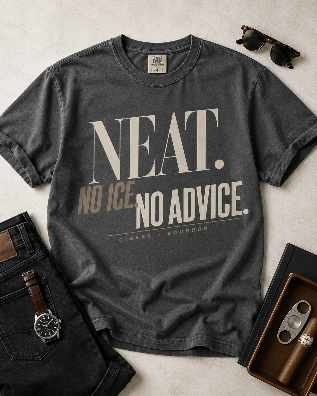 Male model wearing the Neat No Ice No Advice men’s statement tee