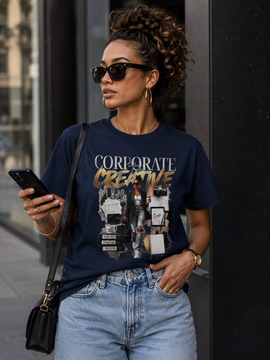 Woman wearing the Corporate to Creative statement tee in a polished lifestyle look