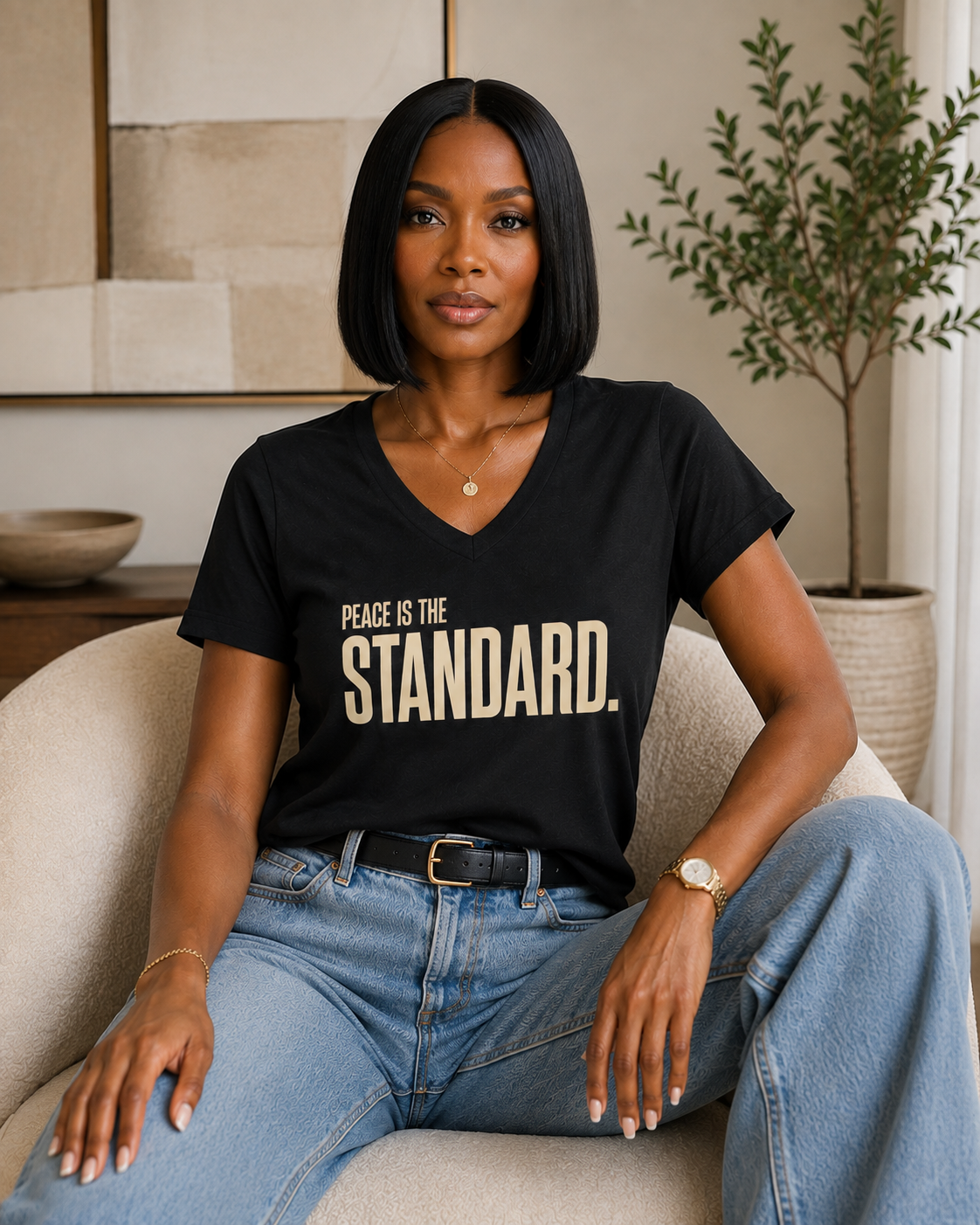 Peace Is The Standard black Bella Canvas V-neck front-facing lifestyle mockup