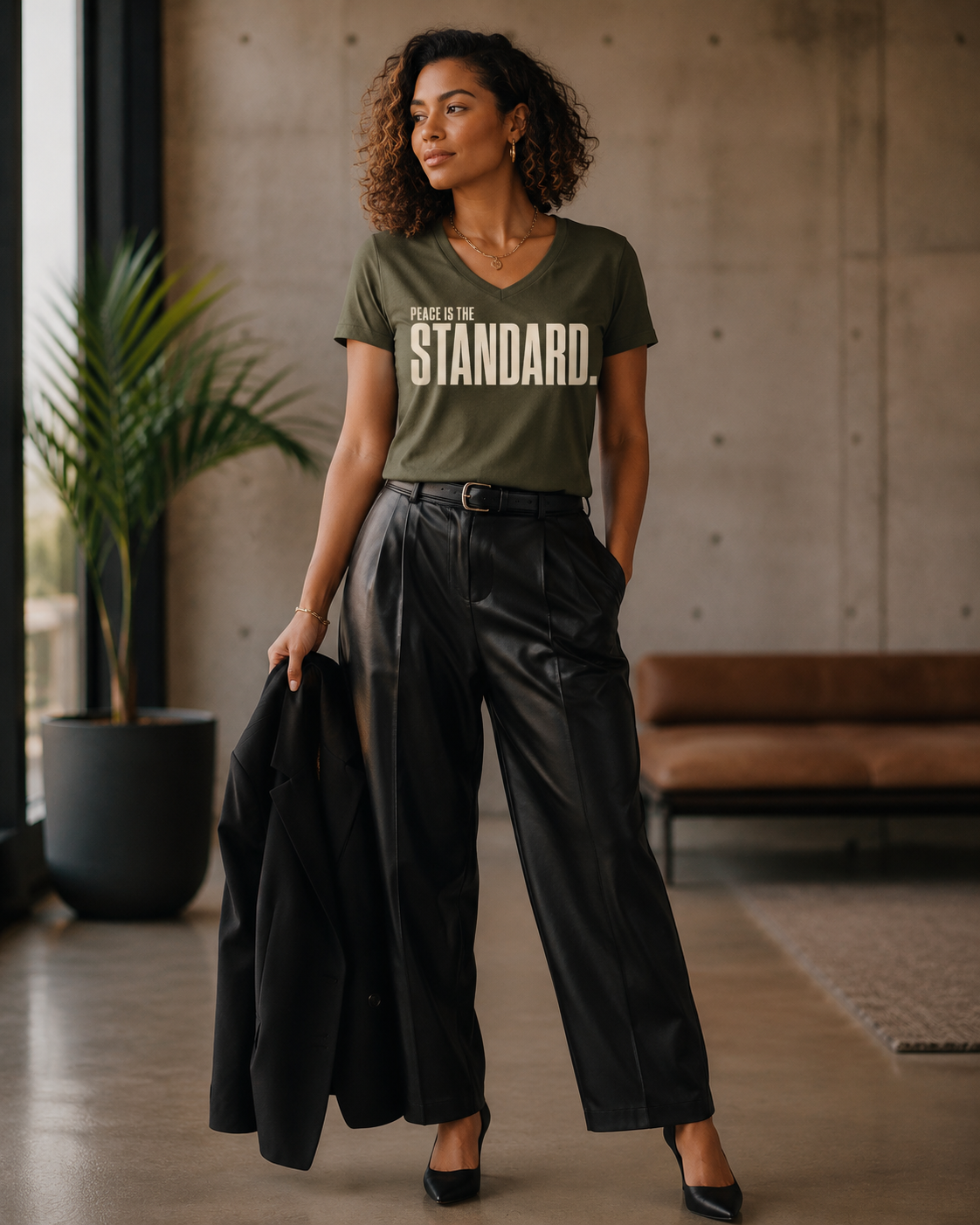 Peace Is The Standard Bella Canvas V-neck in military green lifestyle mockup