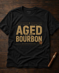 Aged Like Bourbon personalized men's black tee styled on dark wood with cigar