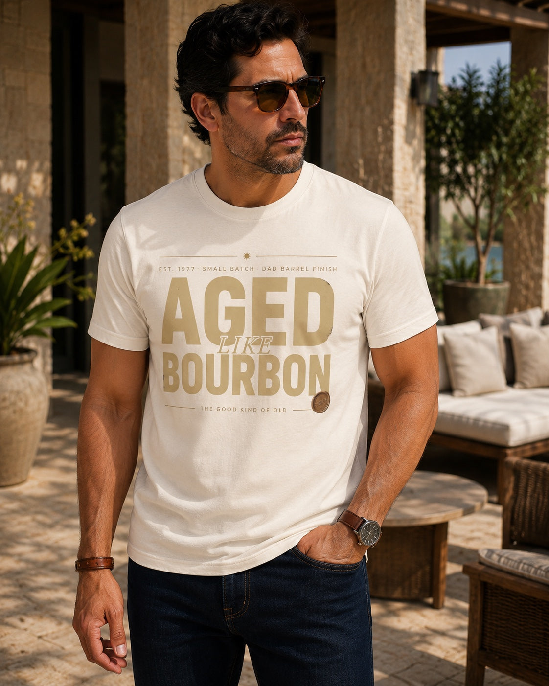 Male model wearing the personalized Aged Like Bourbon ivory tee on a premium outdoor patio