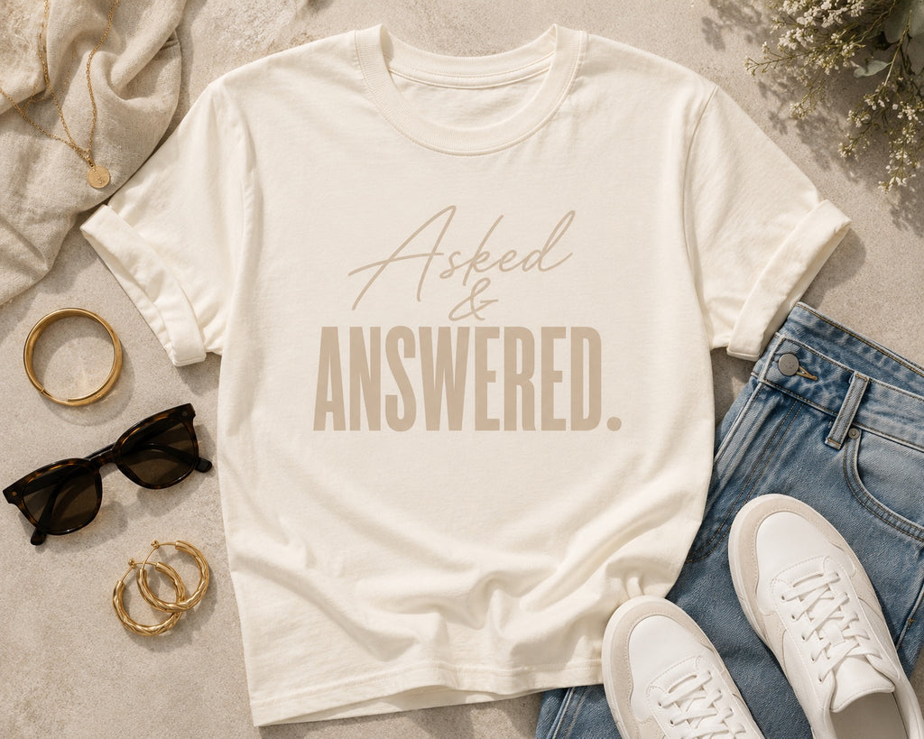 Comfort Colors Ivory Asked & Answered statement tee styled in a clean editorial flat lay.
