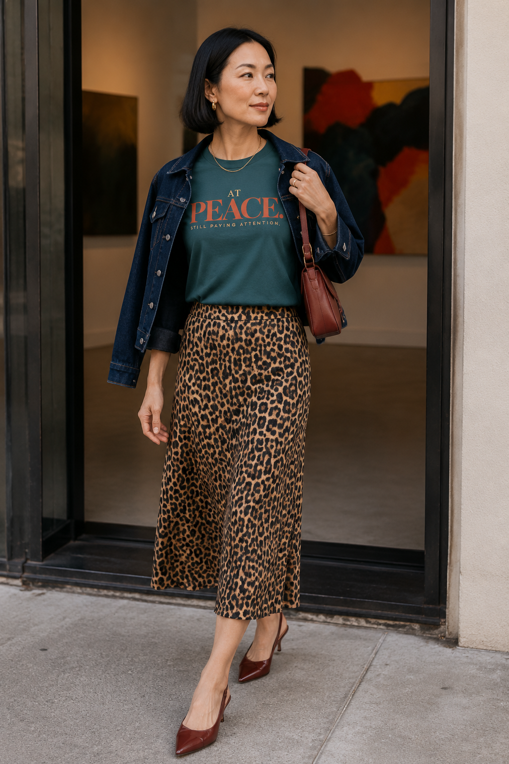 Woman wearing the At Peace Still Paying Attention Comfort Colors Blue Spruce statement tee with a denim jacket and leopard-print skirt.