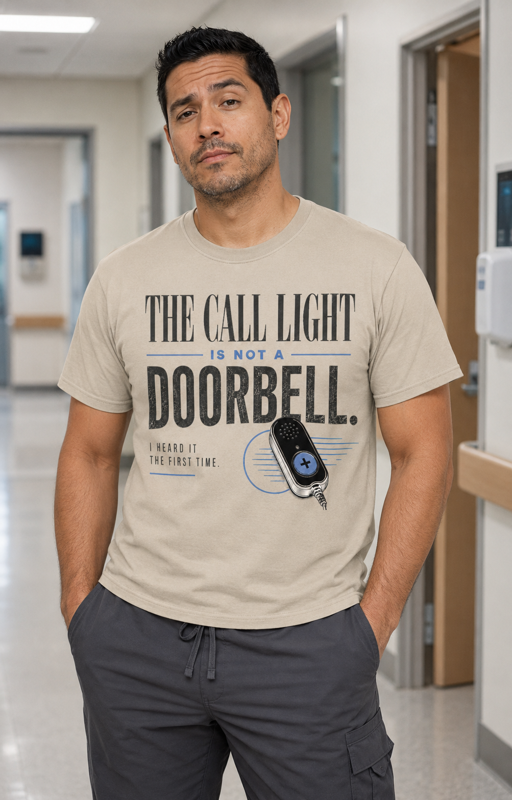 Hispanic male nurse wearing Sandstone Call Light Is Not a Doorbell tee with charcoal scrub pants