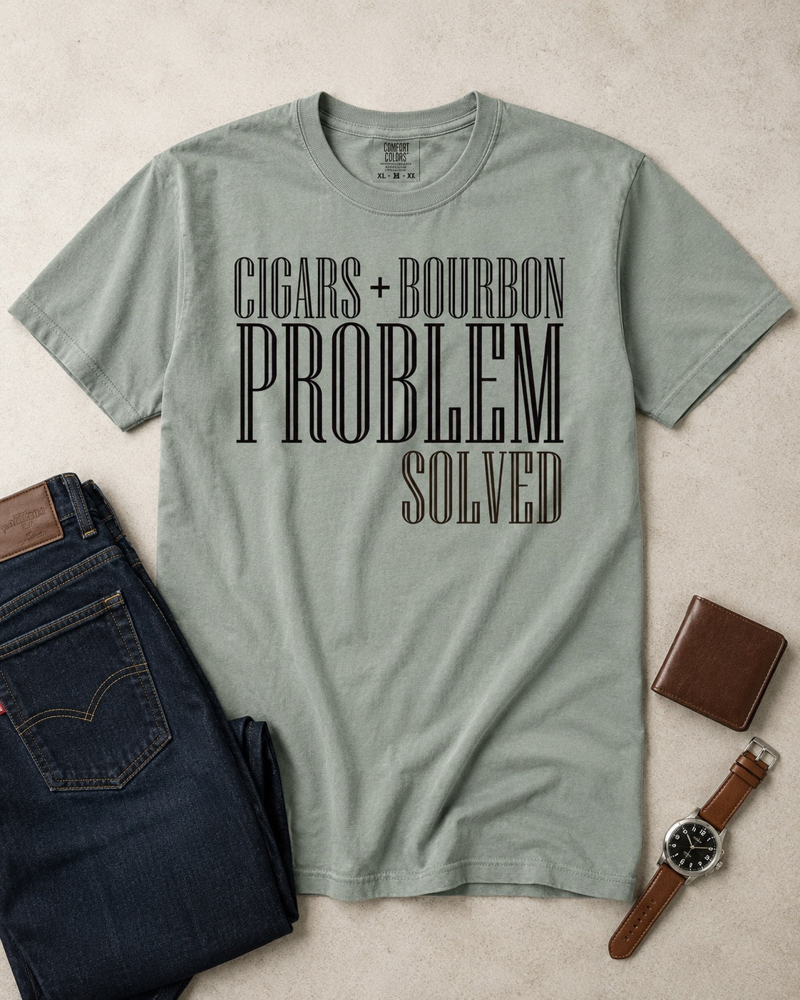 Cigars + Bourbon Problem Solved men's statement tee in Bay flat lay mockup