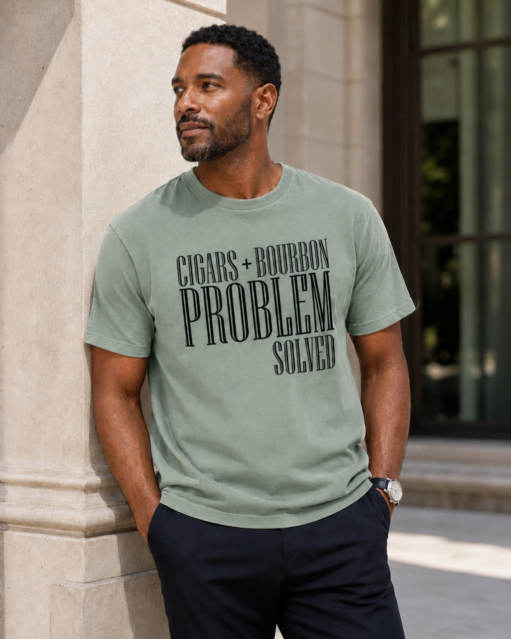 Cigars + Bourbon Problem Solved men's statement tee in Bay lifestyle mockup