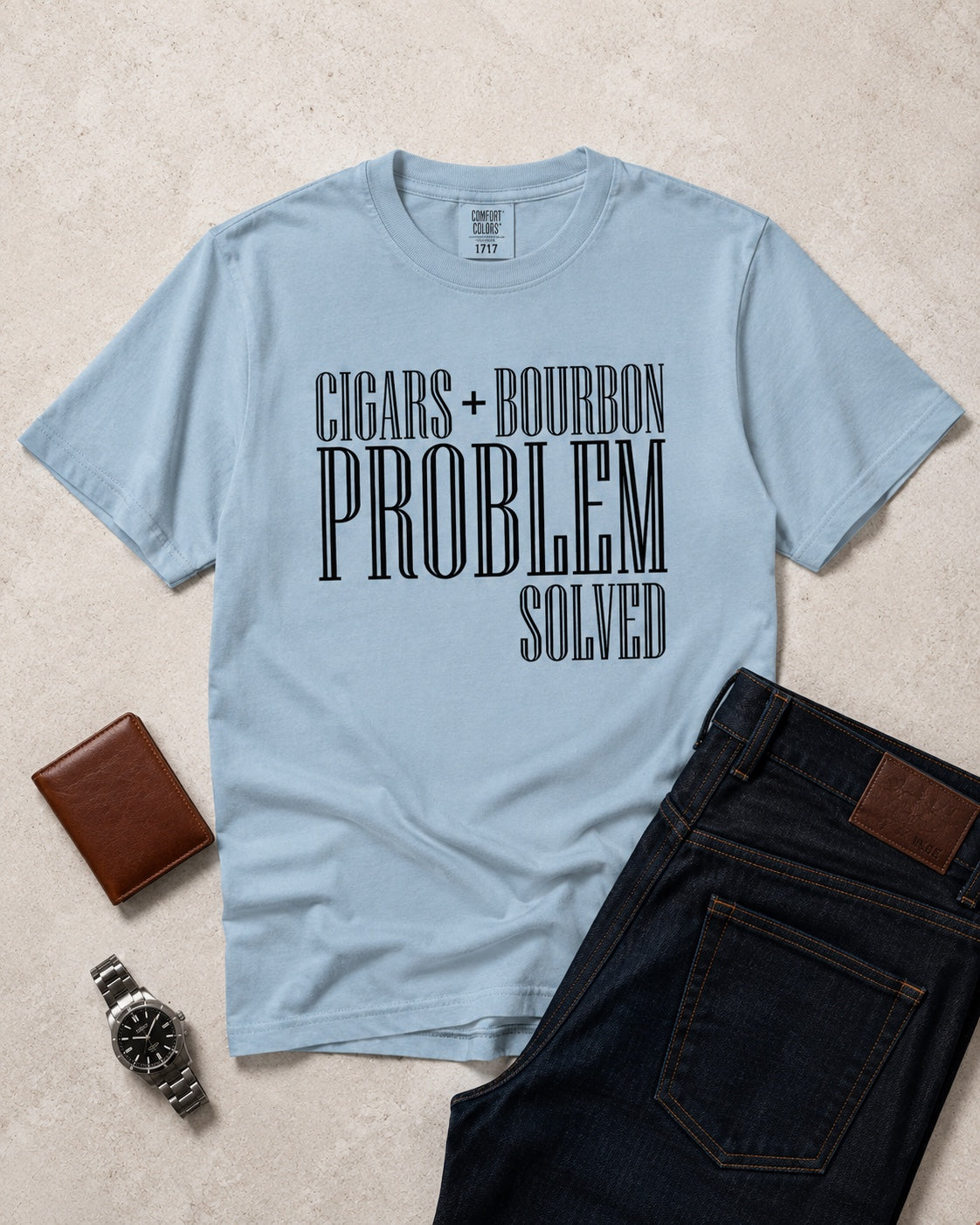 Cigars + Bourbon Problem Solved men's statement tee in Chambray flat lay mockup