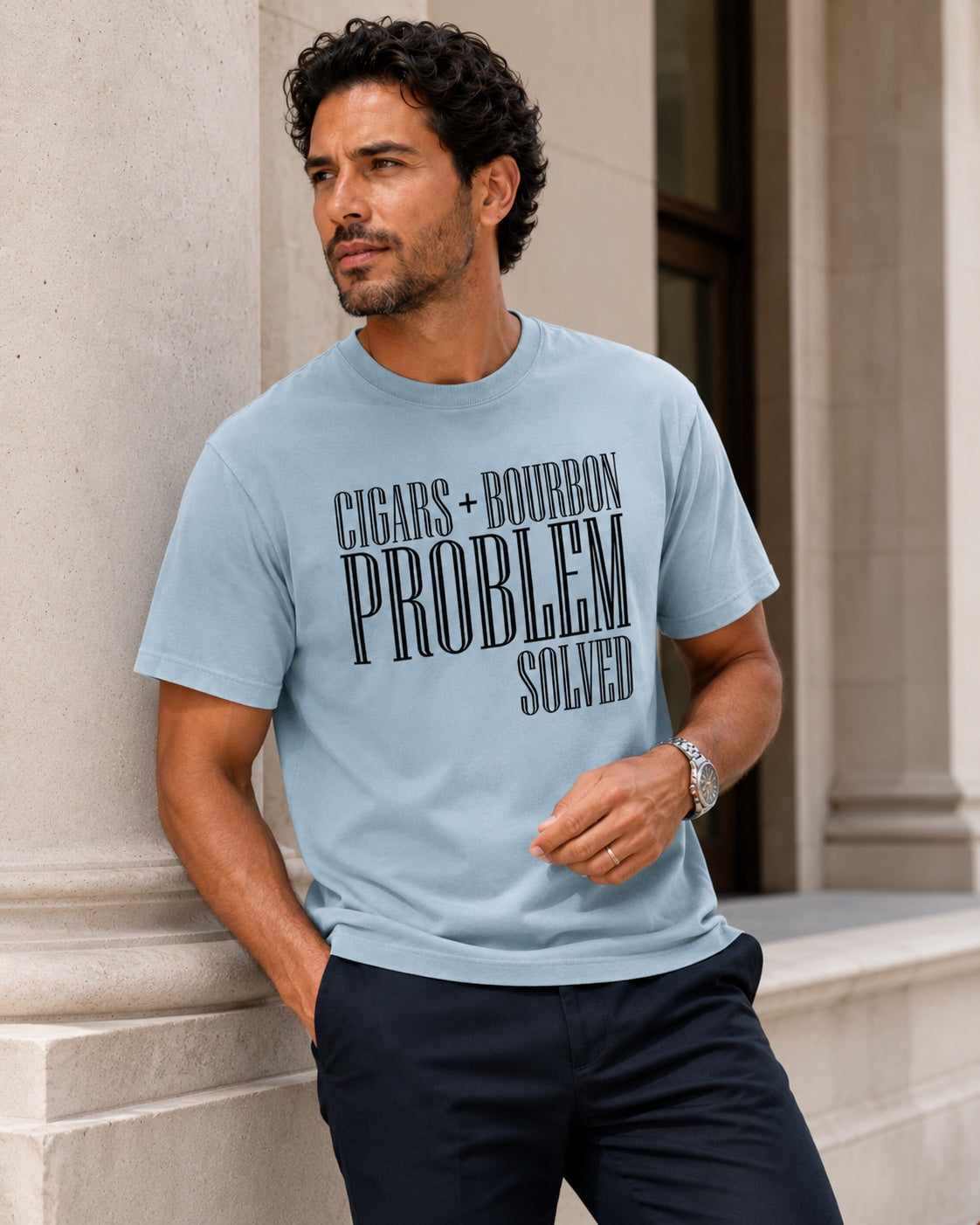 Cigars + Bourbon Problem Solved men's statement tee in Chambray lifestyle mockup