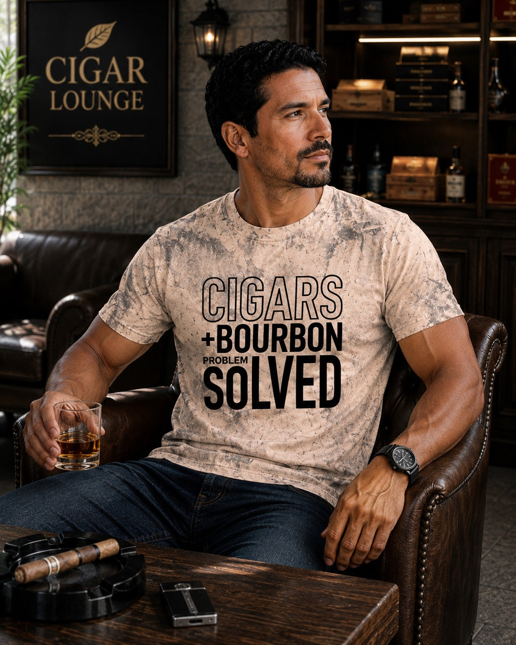 Cigars + Bourbon Problem Solved men's statement tee in Clay seated cigar lounge mockup