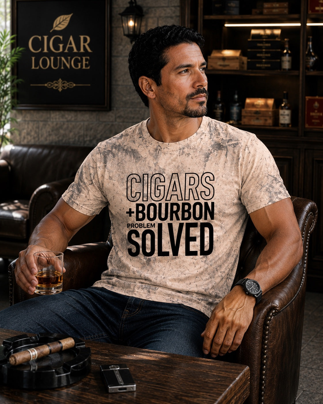 Cigars + Bourbon Problem Solved men's statement tee in Clay seated cigar lounge mockup