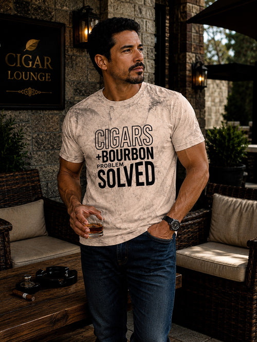 Cigars + Bourbon Problem Solved men's statement tee in Clay standing cigar lounge mockup
