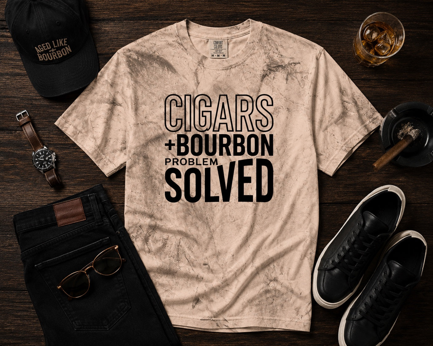 Cigars + Bourbon Problem Solved men's statement tee in Clay flat lay mockup