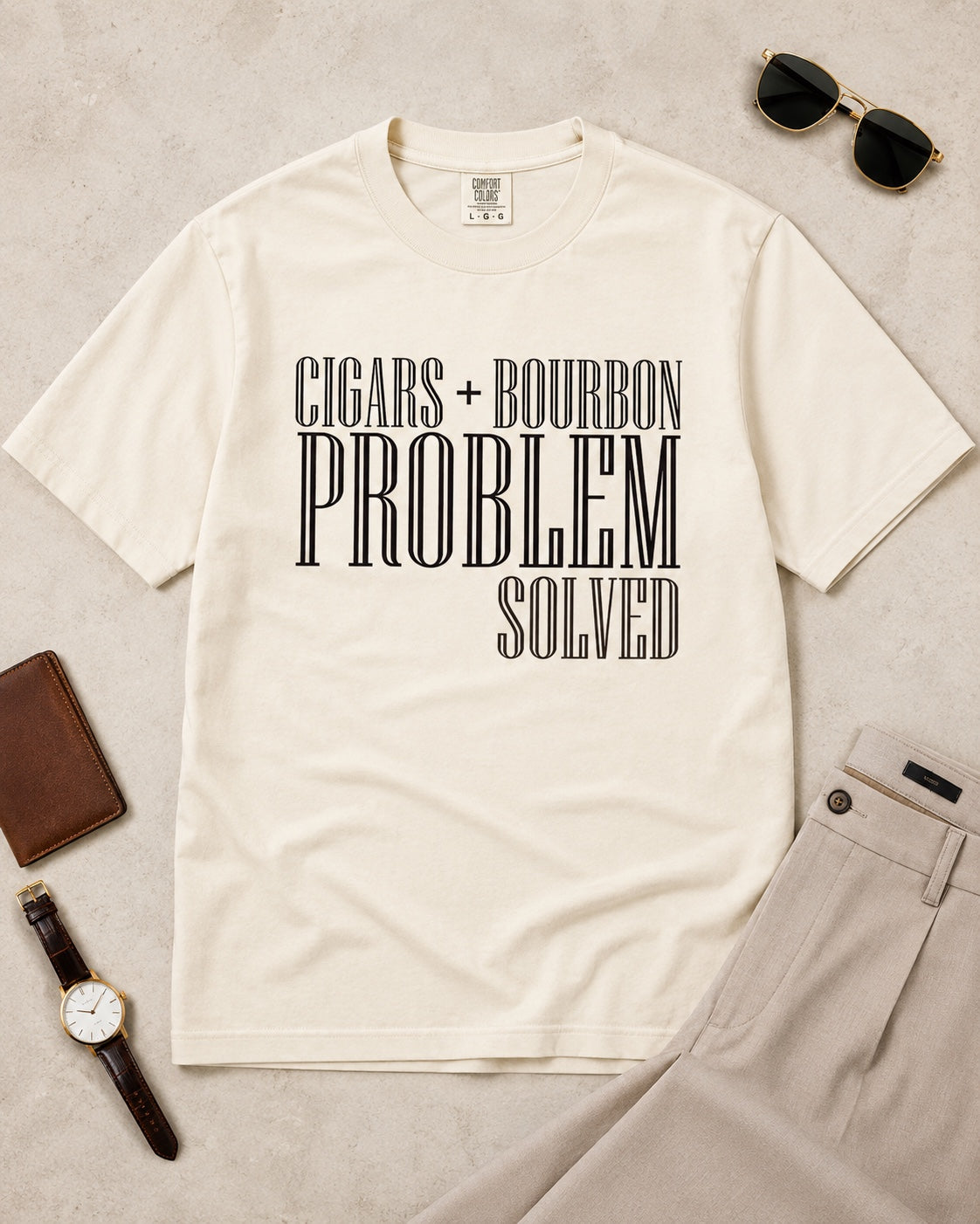 Cigars + Bourbon Problem Solved men's statement tee in Ivory flat lay mockup