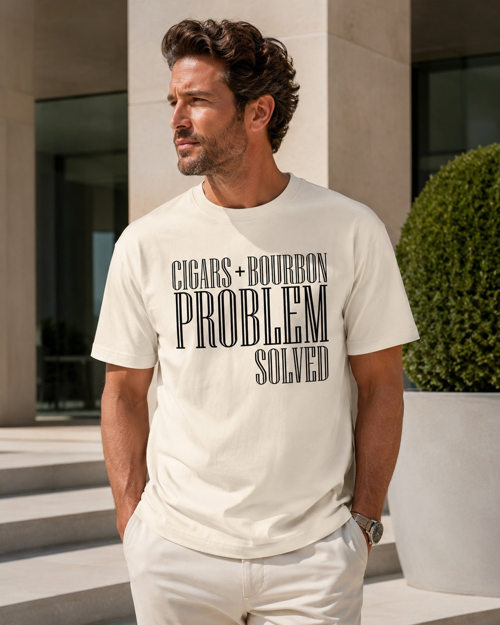 Cigars + Bourbon Problem Solved men's statement tee in Ivory lifestyle mockup