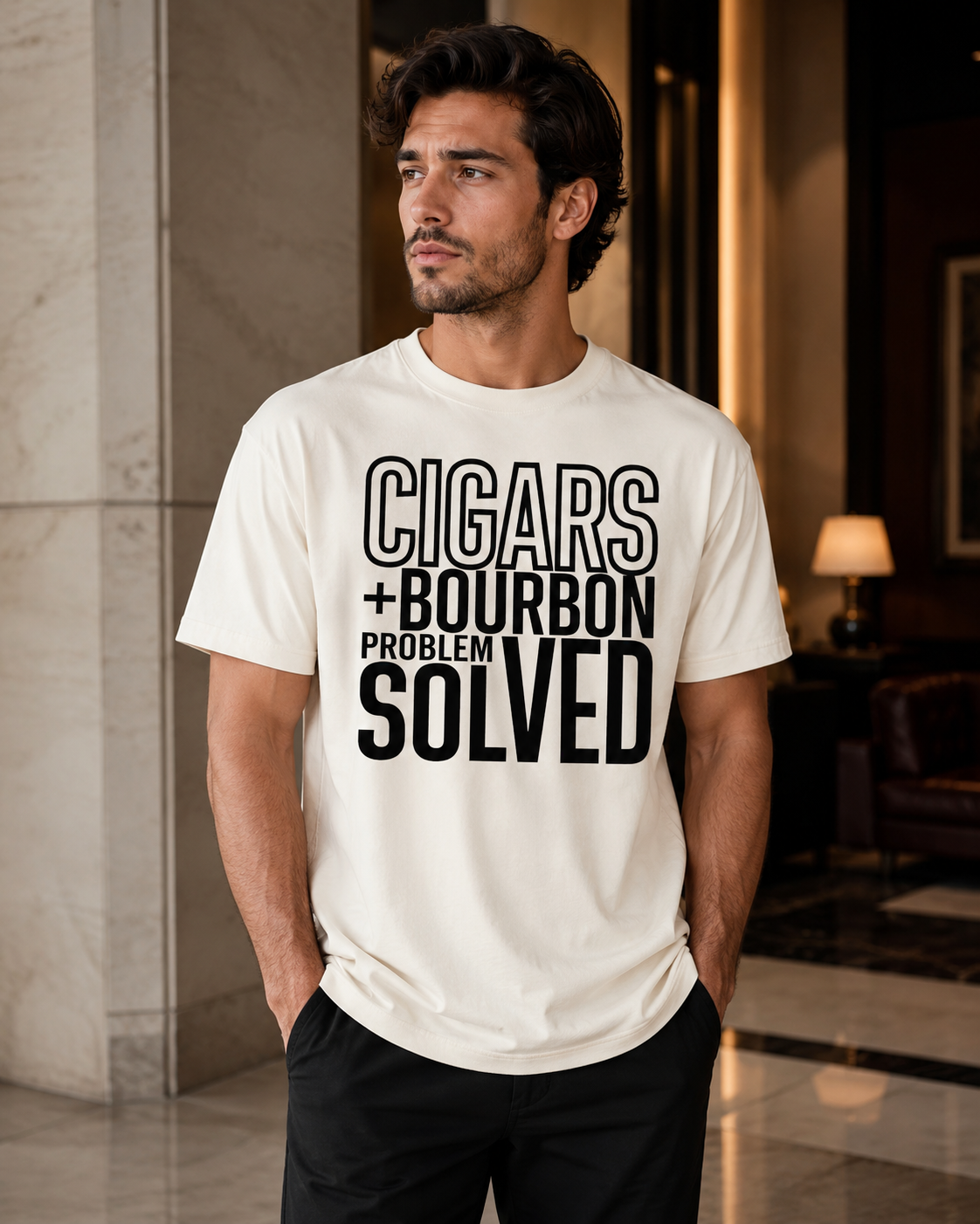 Hispanic male model wearing Cigars + Bourbon Problem Solved men's statement tee in ivory
