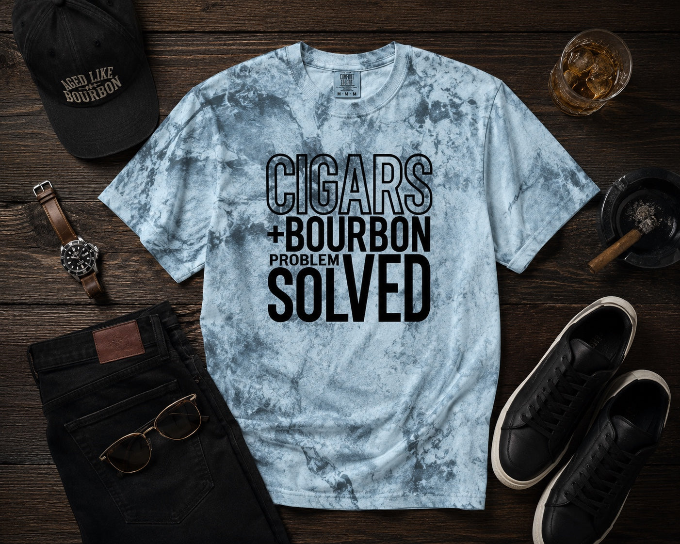 Cigars + Bourbon Problem Solved men's statement tee in Ocean Blue flat lay mockup