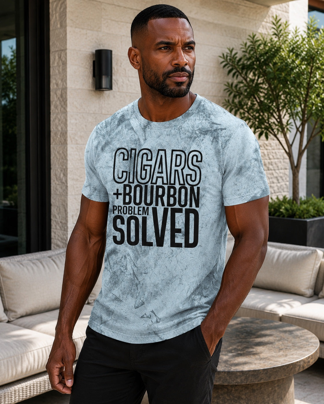 Cigars + Bourbon Problem Solved men's statement tee in Ocean Blue close lifestyle mockup