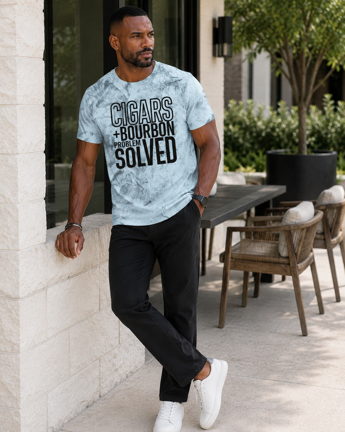 Cigars + Bourbon Problem Solved men's statement tee in Ocean Blue lifestyle full-body mockup