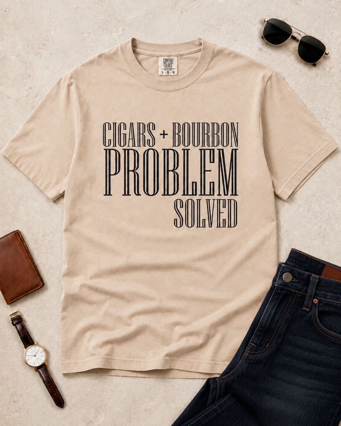 Cigars + Bourbon Problem Solved men's statement tee in Sandstone flat lay mockup