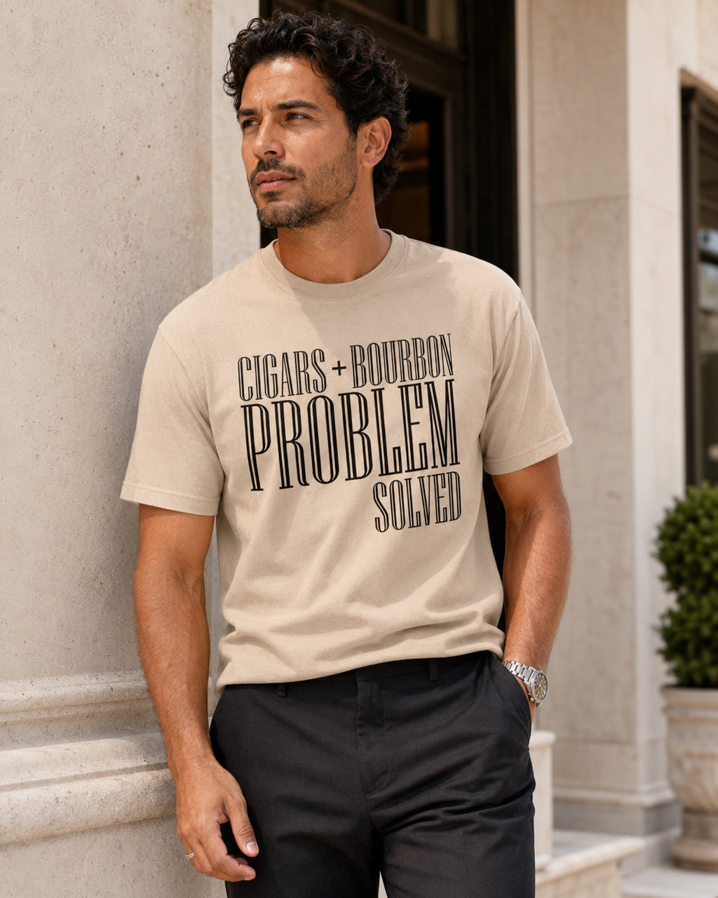 Cigars + Bourbon Problem Solved men's statement tee in Sandstone lifestyle mockup