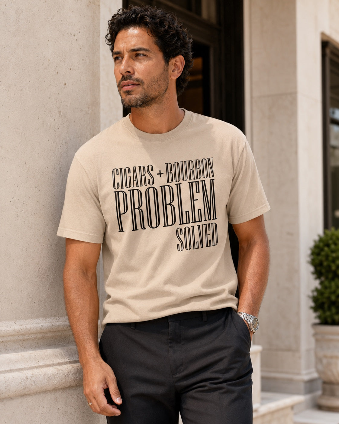 Cigars + Bourbon Problem Solved men's statement tee in Sandstone lifestyle mockup