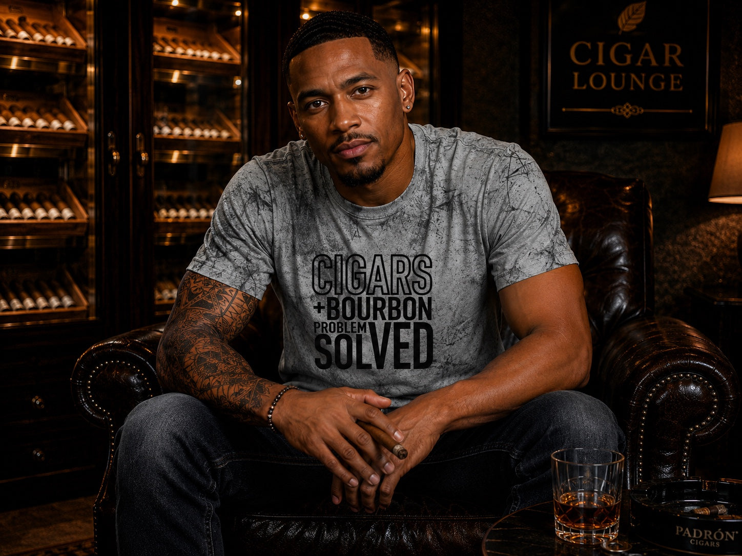 Cigars + Bourbon Problem Solved men's statement tee in Smoke Gray cigar lounge mockup