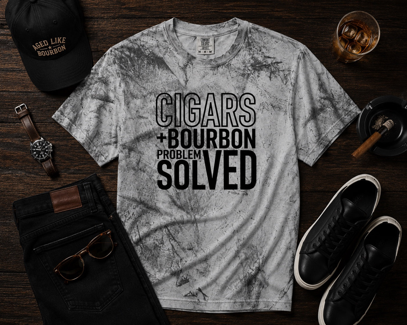 Cigars + Bourbon Problem Solved men's statement tee in Smoke Gray flat lay mockup