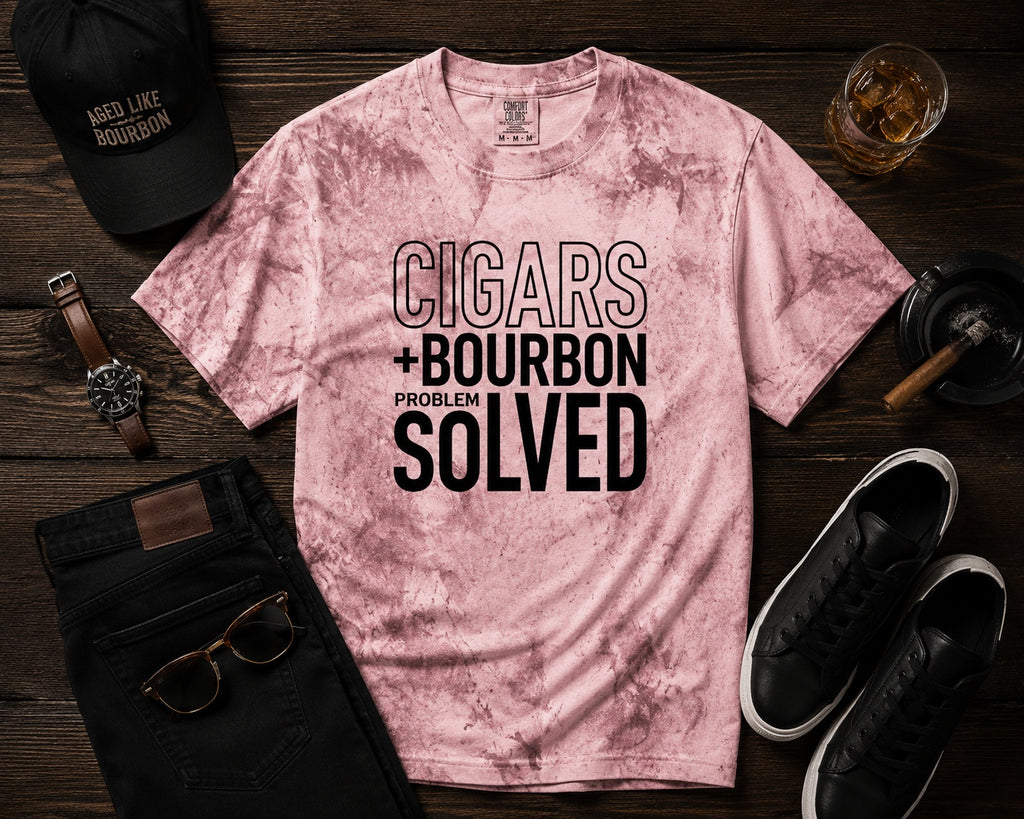 Cigars + Bourbon Problem Solved men's statement tee in Umber flat lay mockup