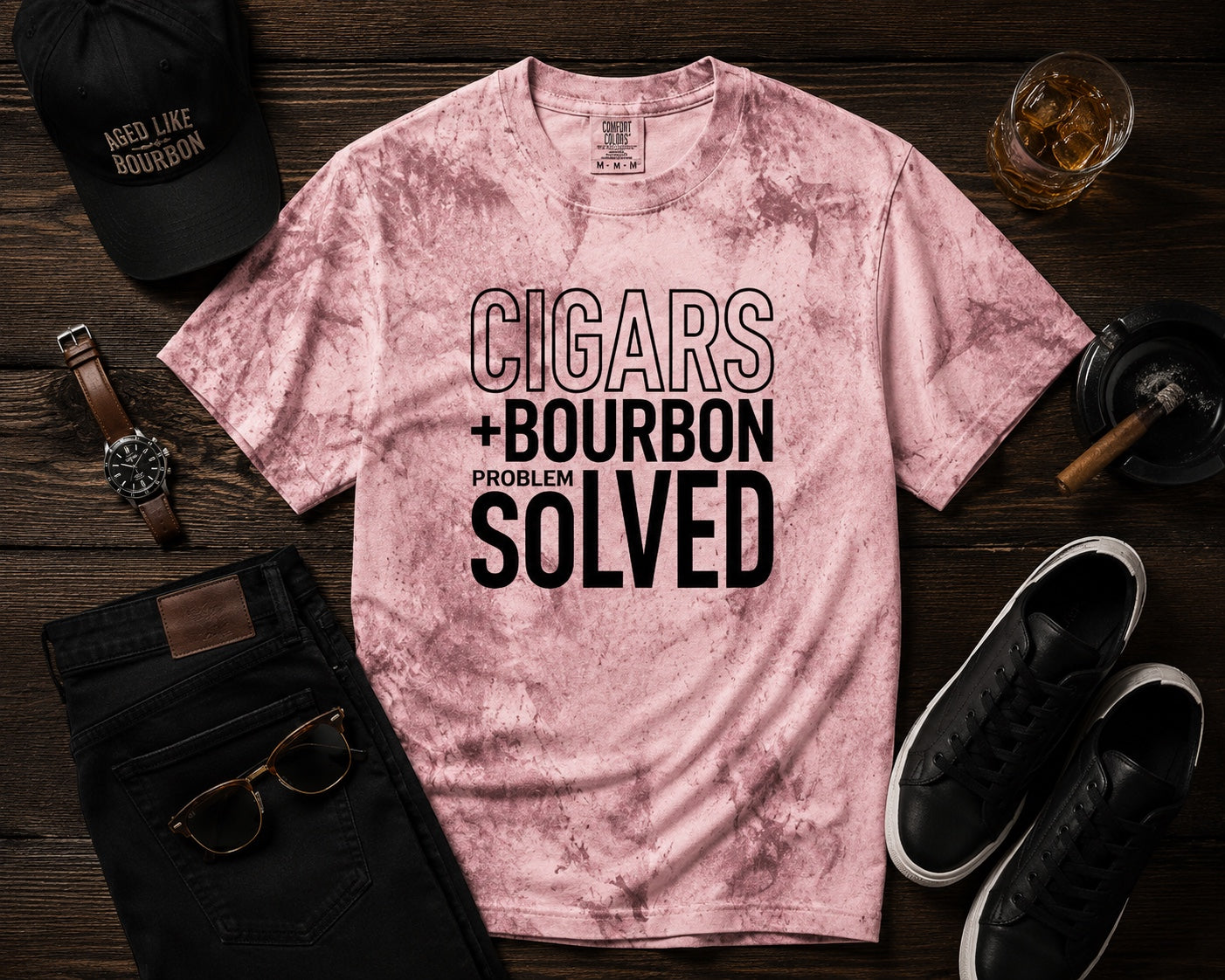 Cigars + Bourbon Problem Solved men's statement tee in Umber flat lay mockup
