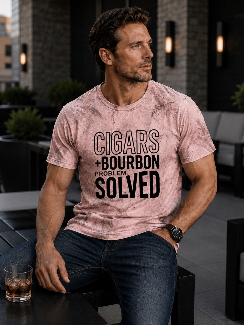 Cigars + Bourbon Problem Solved men's statement tee in Umber rooftop lifestyle mockup
