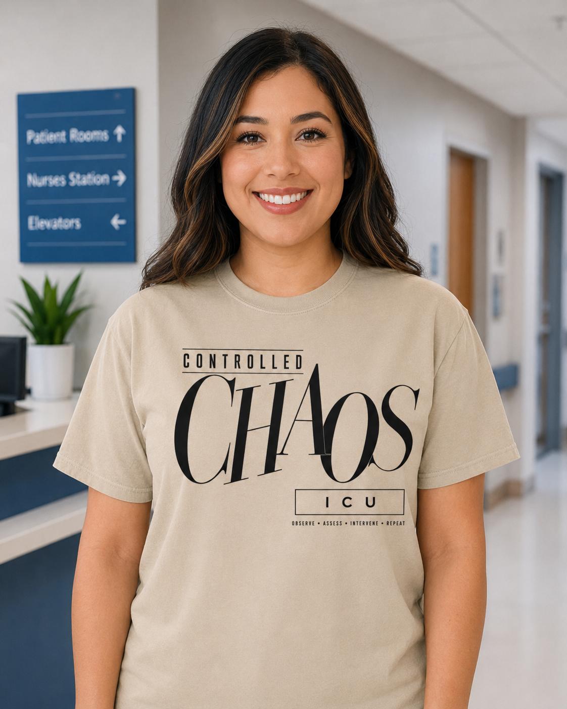 Controlled Chaos ICU nurse tee in Sandstone