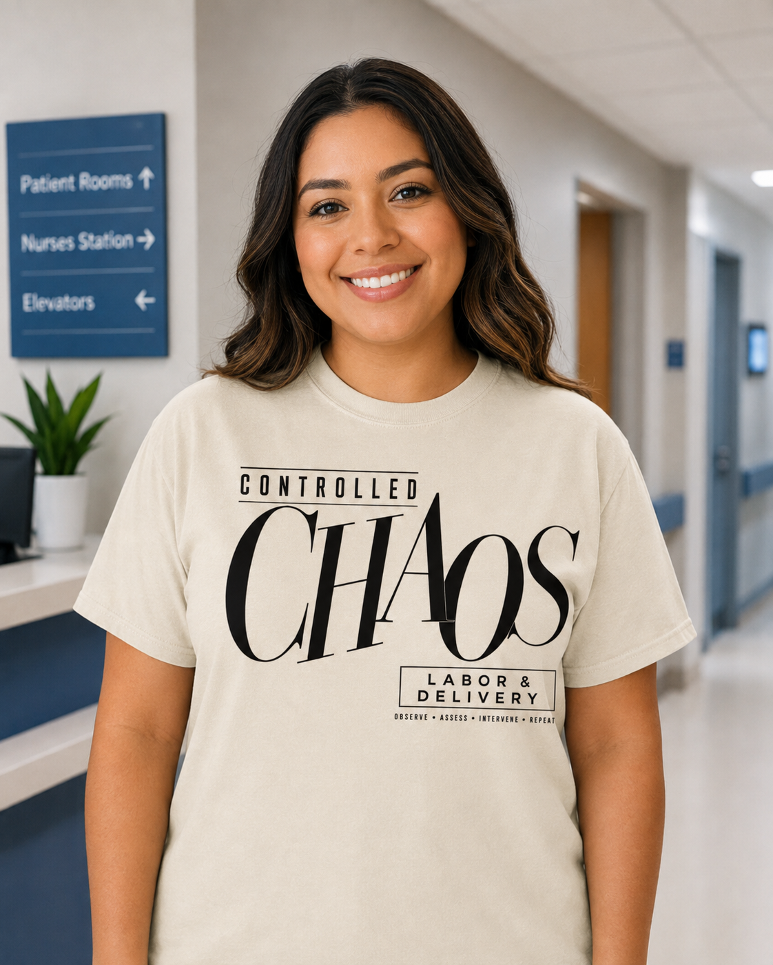 Controlled Chaos Labor and Delivery nurse tee in Ivory