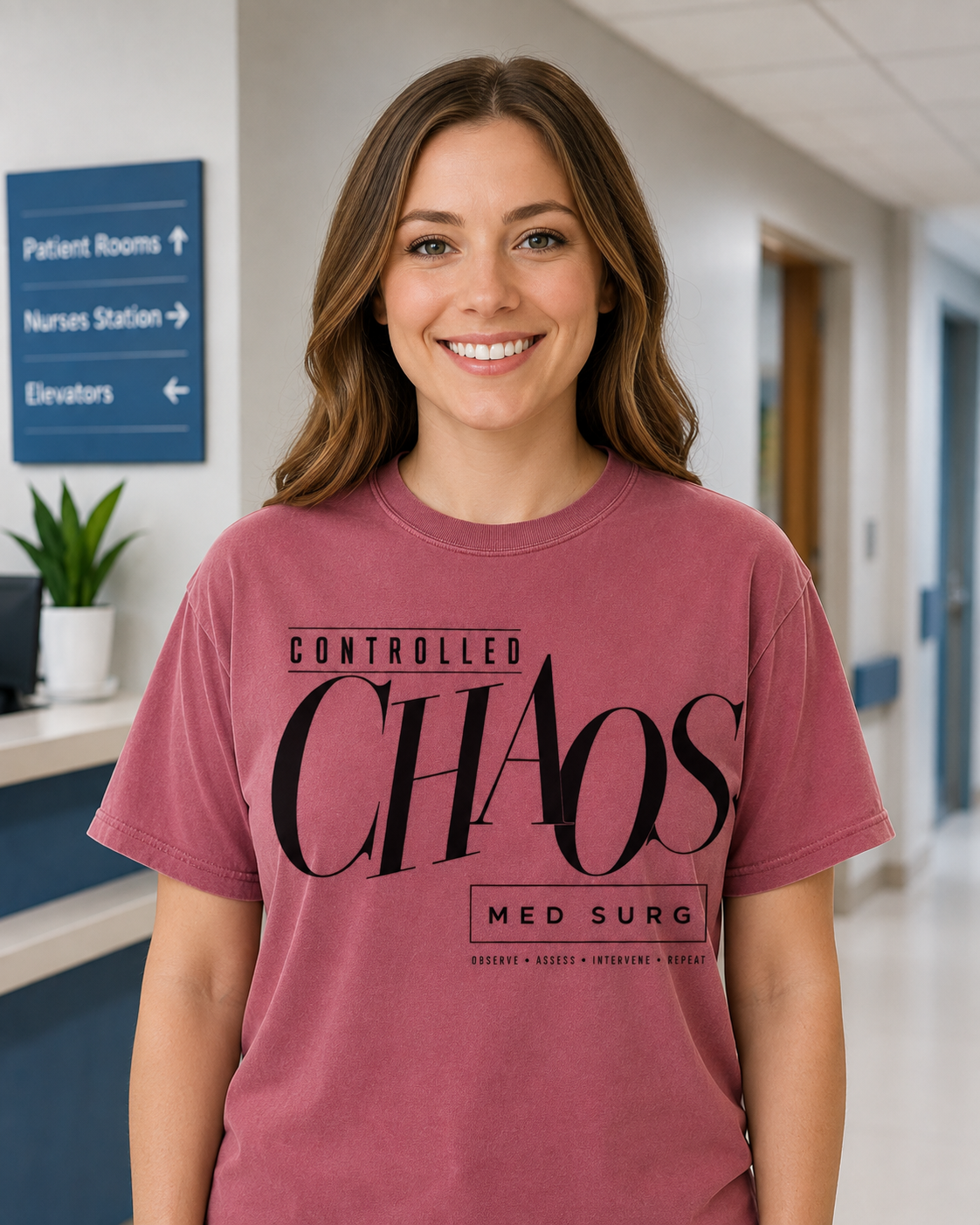 Controlled Chaos Med Surg nurse tee in Berry