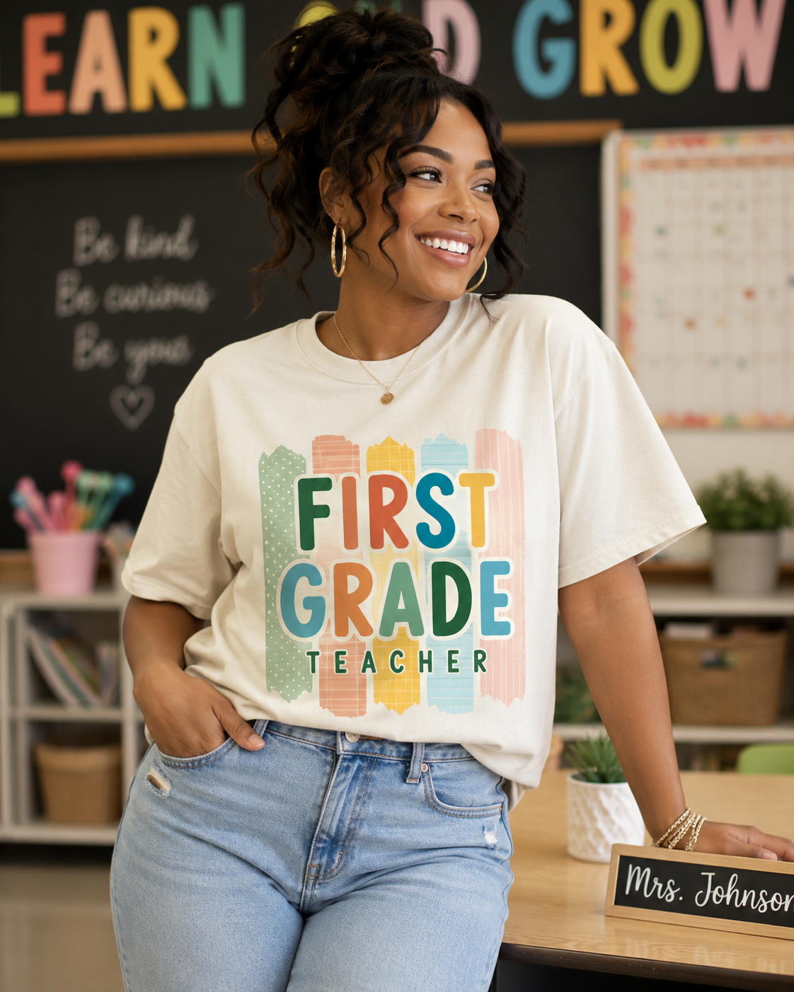 First Grade Teacher Comfort Colors tee in Ivory lifestyle mockup