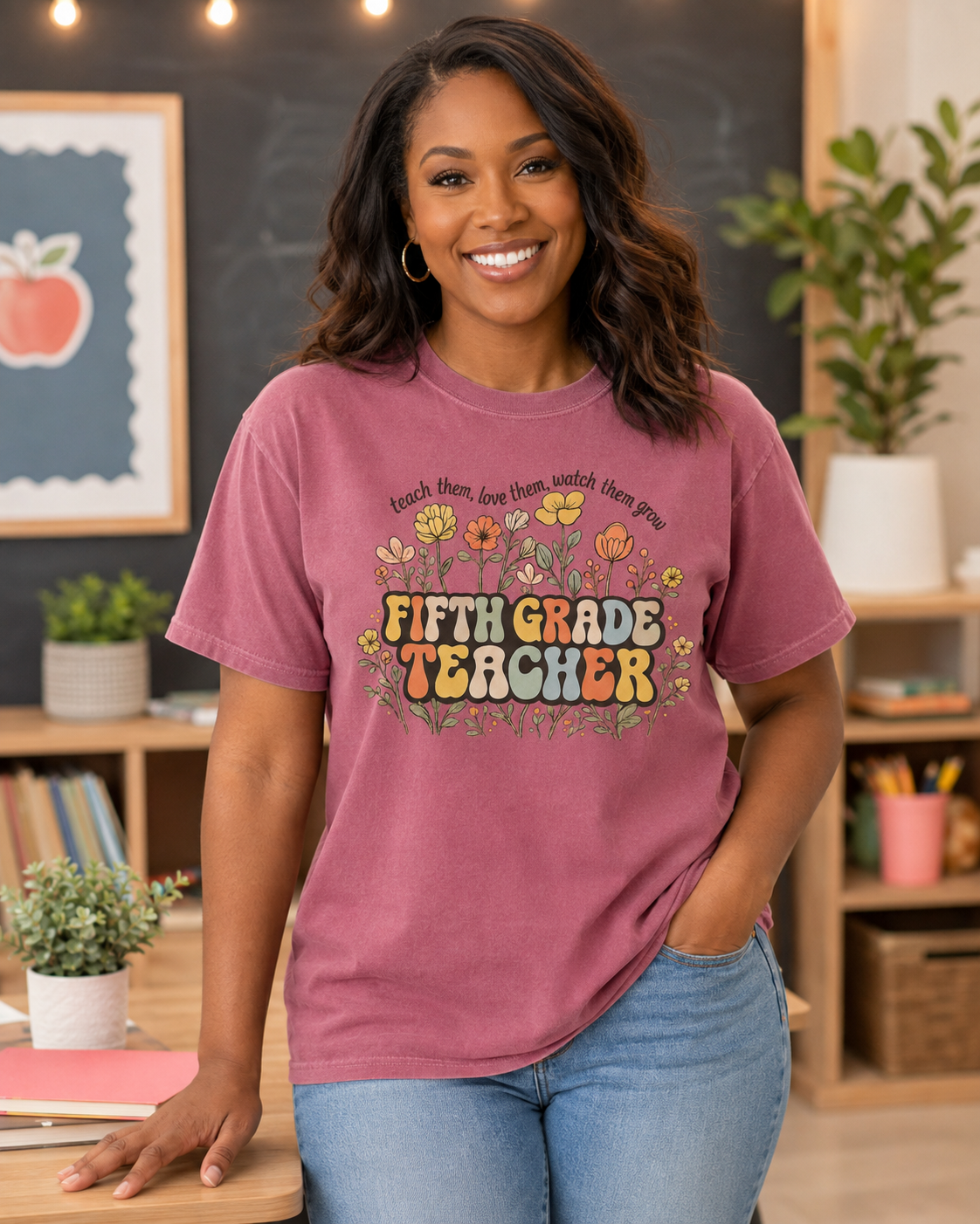 Fifth Grade floral teacher tee in Berry Comfort Colors lifestyle mockup