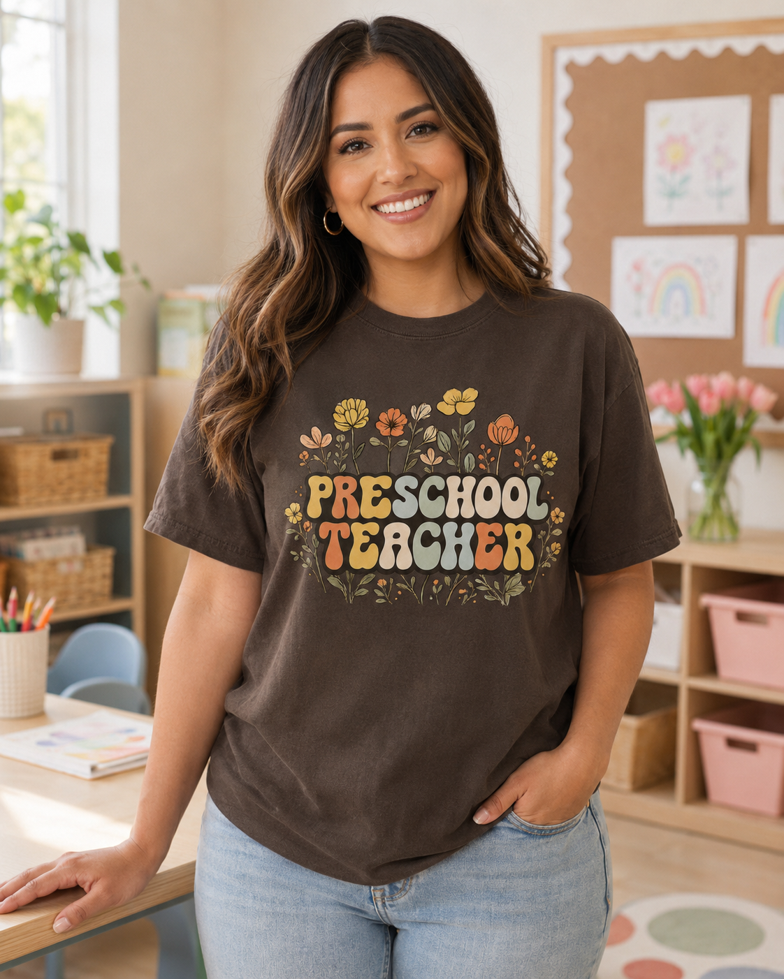 Preschool floral teacher tee in Espresso Comfort Colors lifestyle mockup