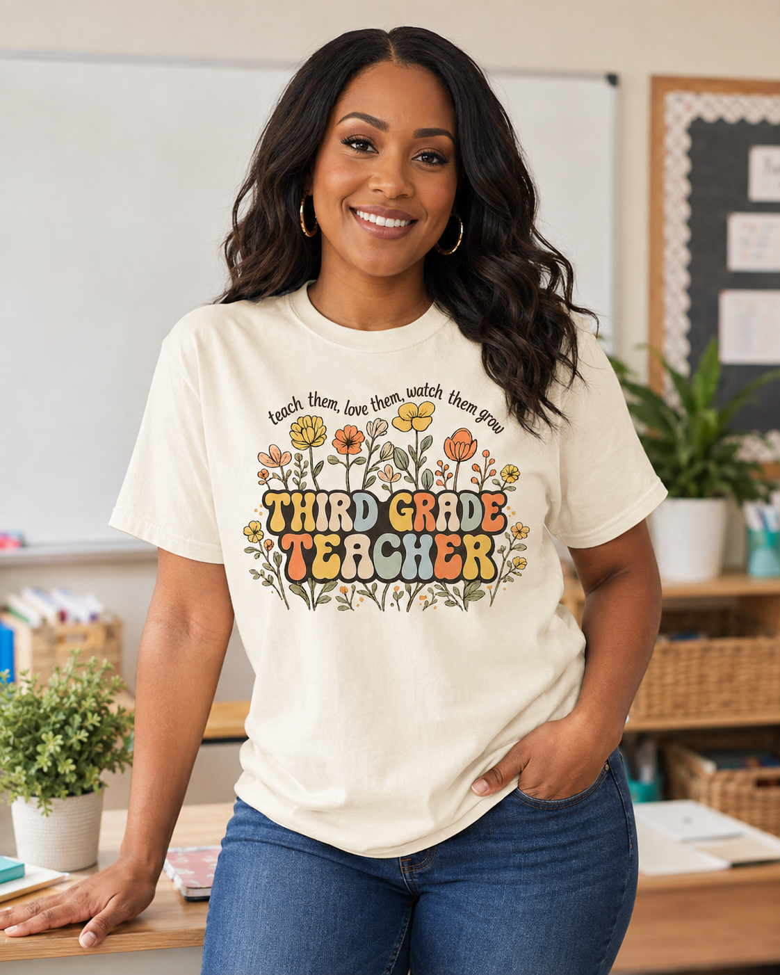 Third Grade floral teacher tee in Ivory Comfort Colors lifestyle mockup