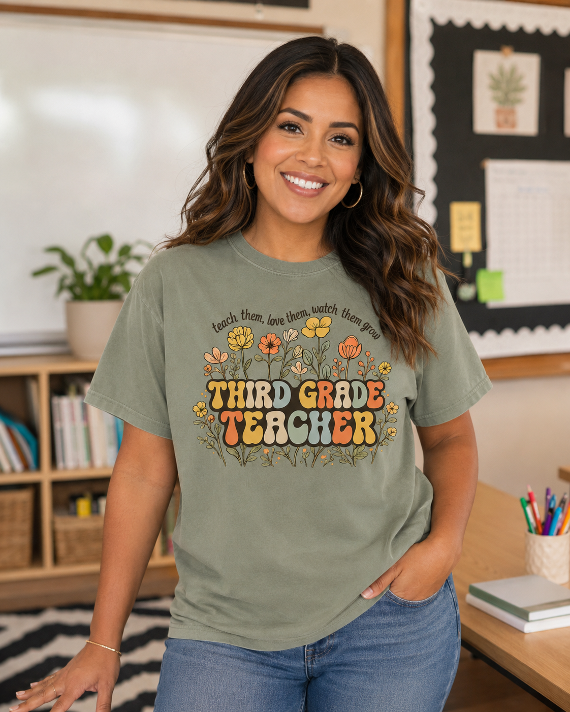 Third Grade floral teacher tee in Moss Comfort Colors lifestyle mockup