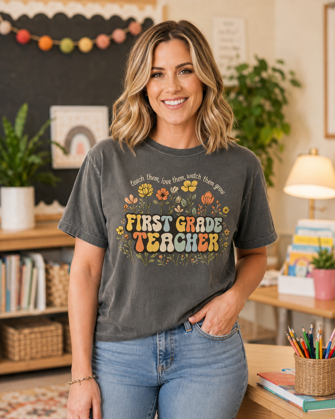 First Grade floral teacher tee in Pepper Comfort Colors lifestyle mockup