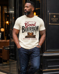 Man wearing Reserved for Good Bourbon Better Cigars statement tee in ivory