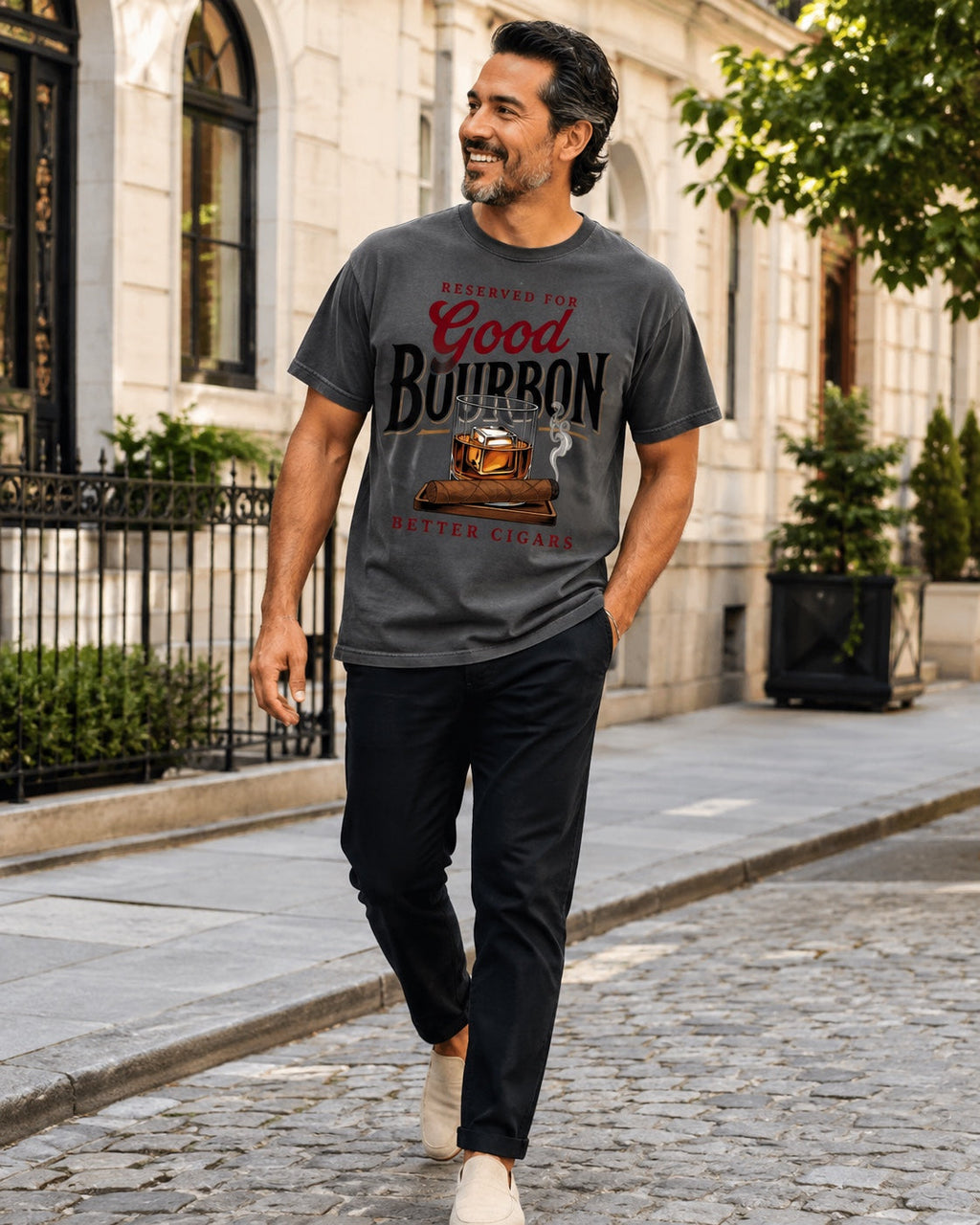 Man wearing Reserved for Good Bourbon Better Cigars statement tee in pepper