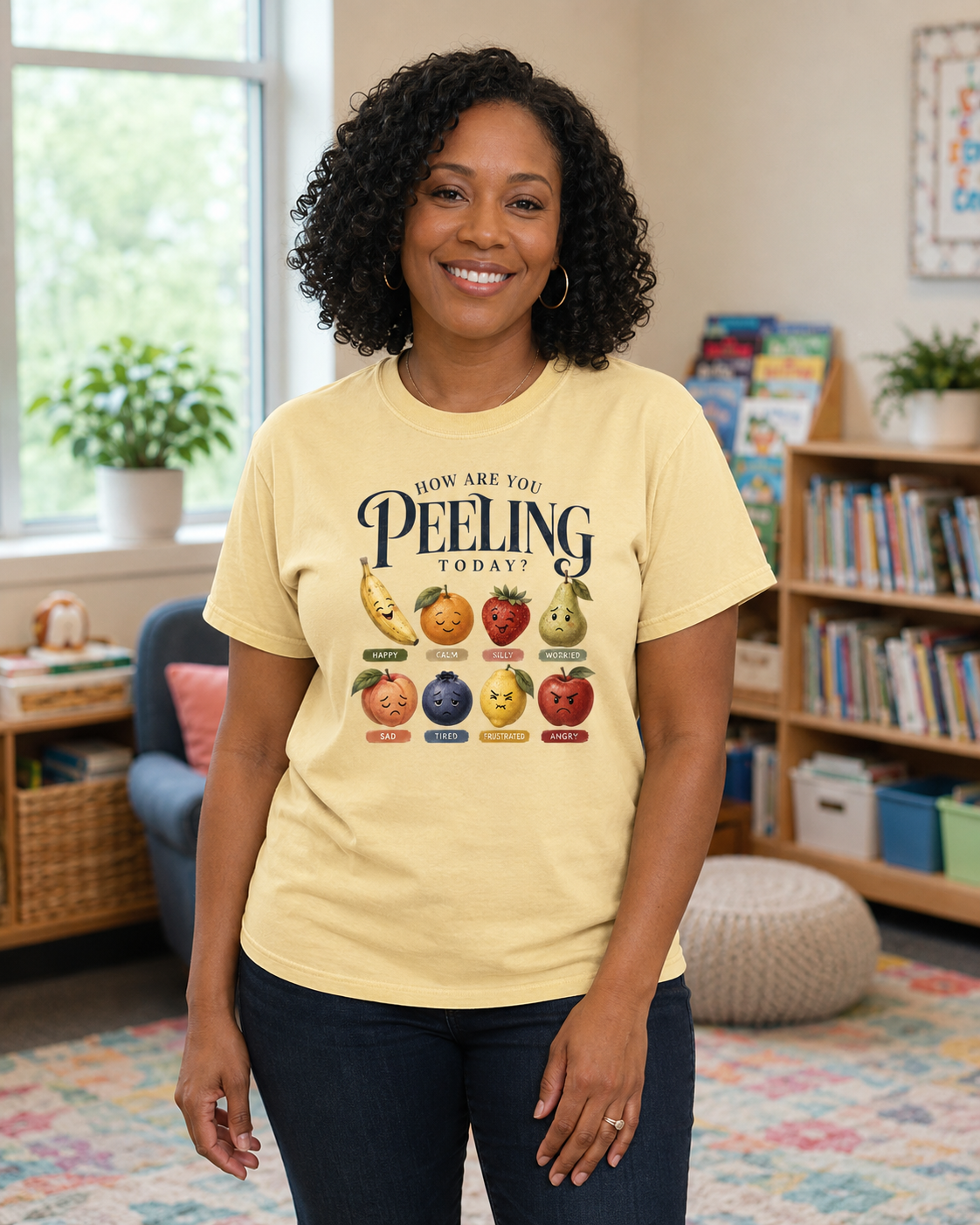 Teacher wearing the How Are You Peeling Today Comfort Colors tee in Butter