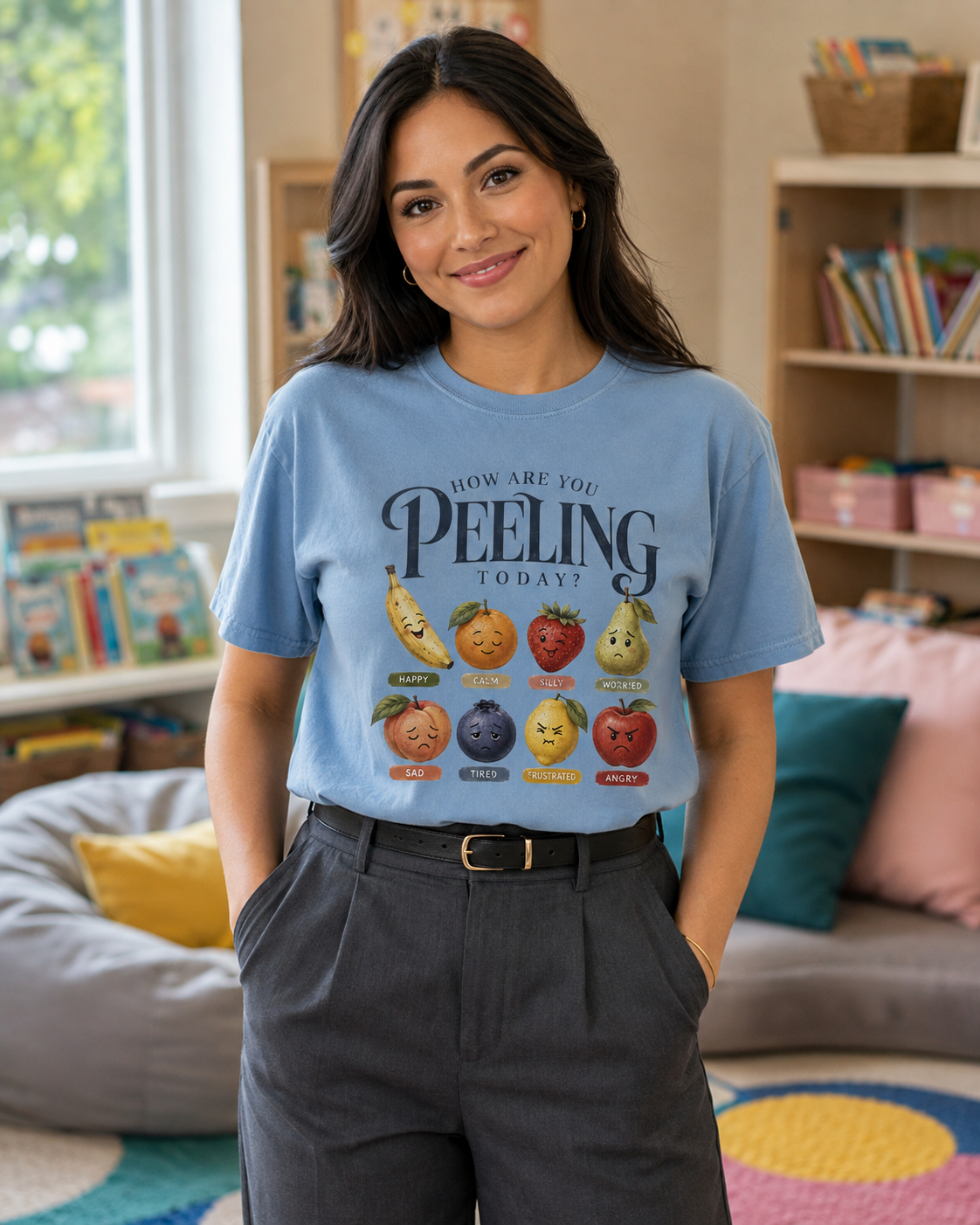 Teacher wearing the How Are You Peeling Today Comfort Colors tee in Chambray